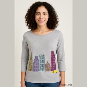 Talbots Cityscape Sweater Gray Buildings Large Petite Skyline City Scene